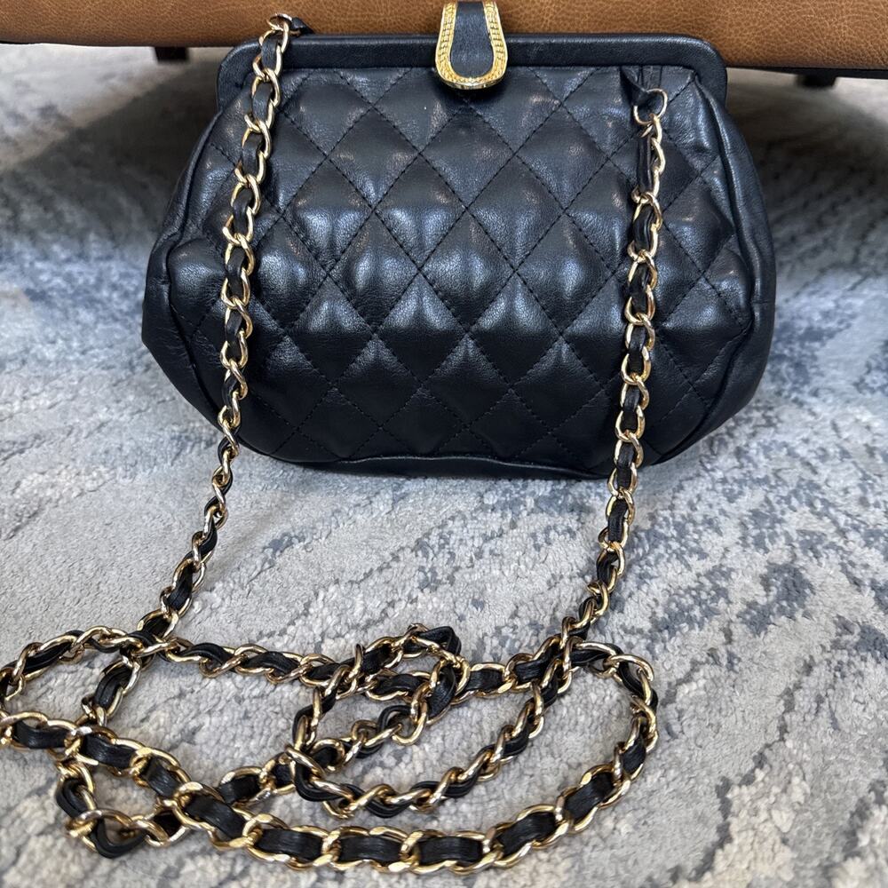 Vintage Brio Quilted Leather Frame Bag Black Gold Chain Strap